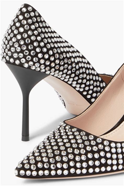 miu miu crystal embellished black suede pumps|Crystal.